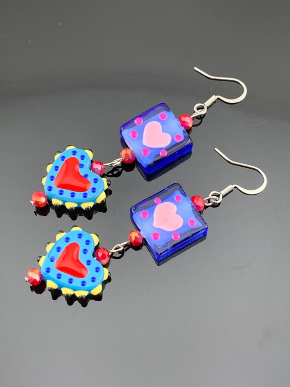 Lampwork & Glass Crystal Hearts Blue Handmade Bead Earrings LR221